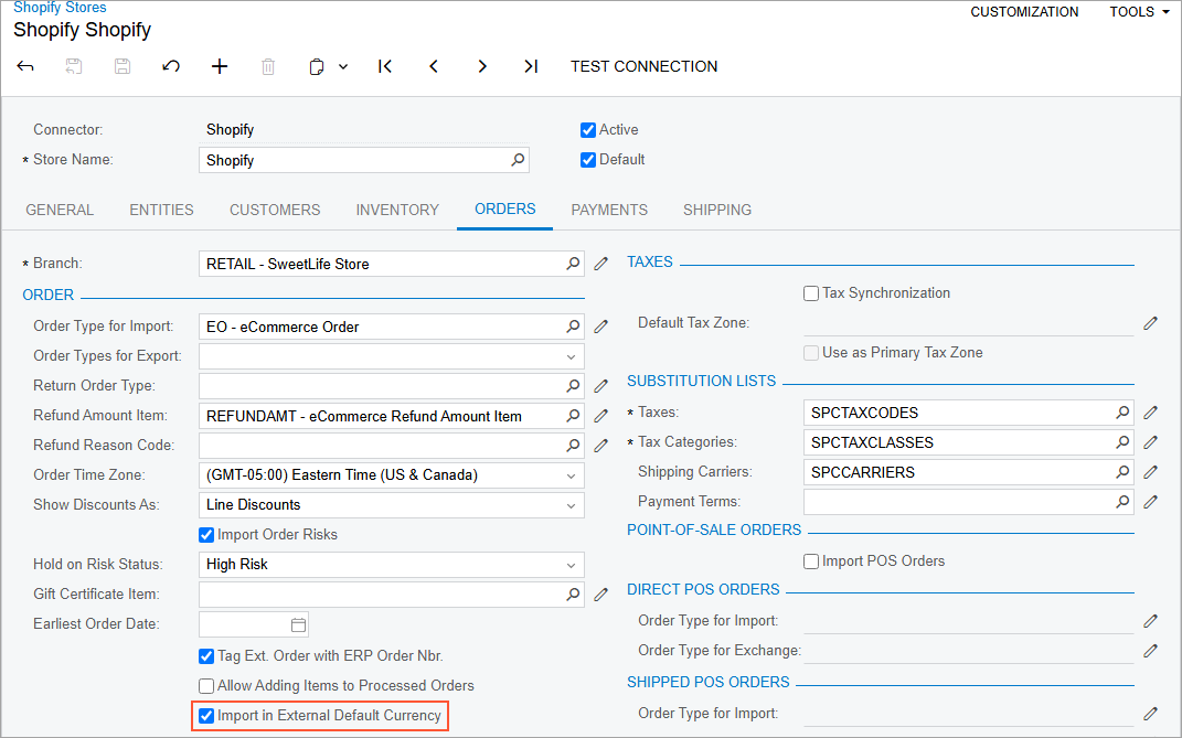 The new currency setting on the Shopify Stores form