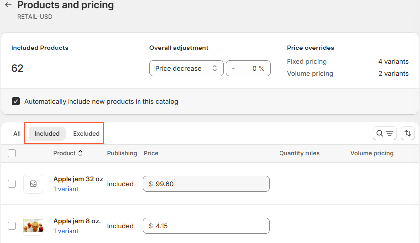 The Included and Excluded sections of a product catalog at a Shopify store