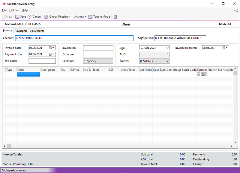 Exo Business Help - Entering a Creditor Invoice