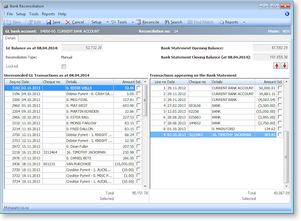 Bank Reconciliation Details Window