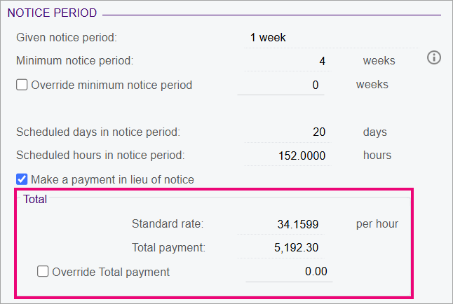 The total section for a payment in lieu of notice