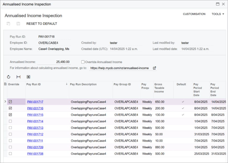 The Annualised Income Inspection window