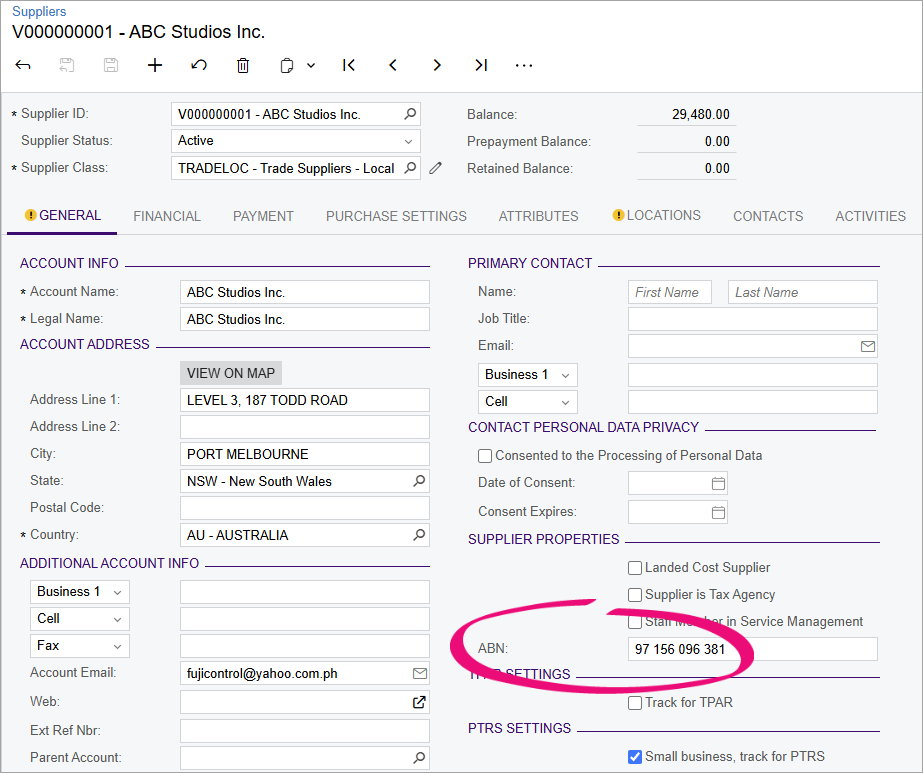 The ABN field is in the Supplier Properties section of the General tab on the Suppliers form.