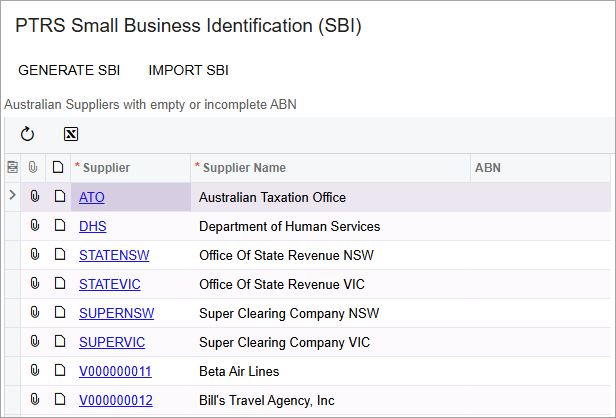 An example list of Australian suppliers with missing ABNs.