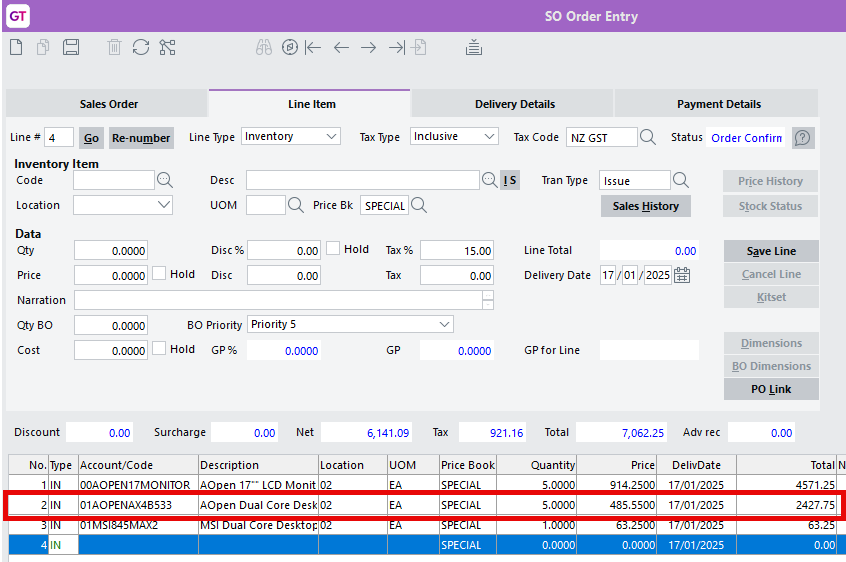 Re-order lines on a sales order